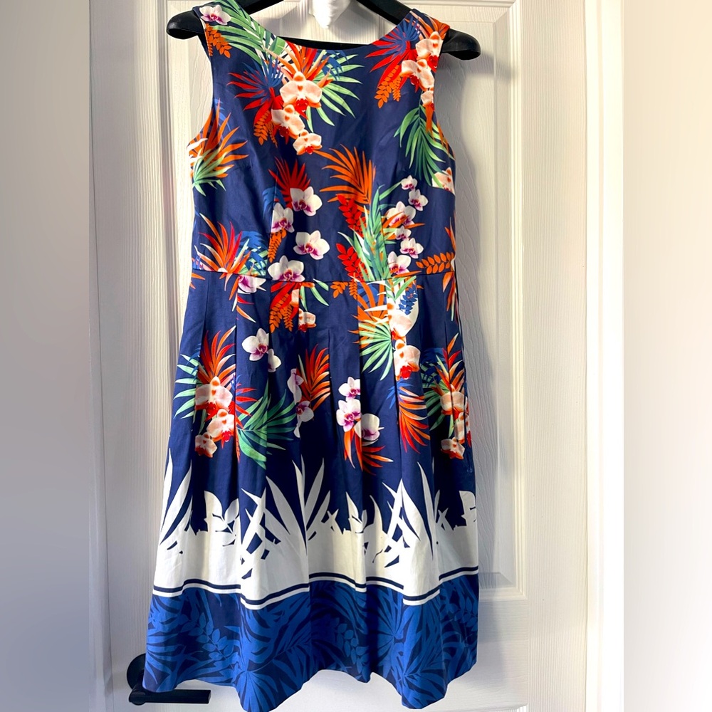 Talbots Navy Blue A Line Orchid Print Pleated Fully Lined Midi Dress sz 8P